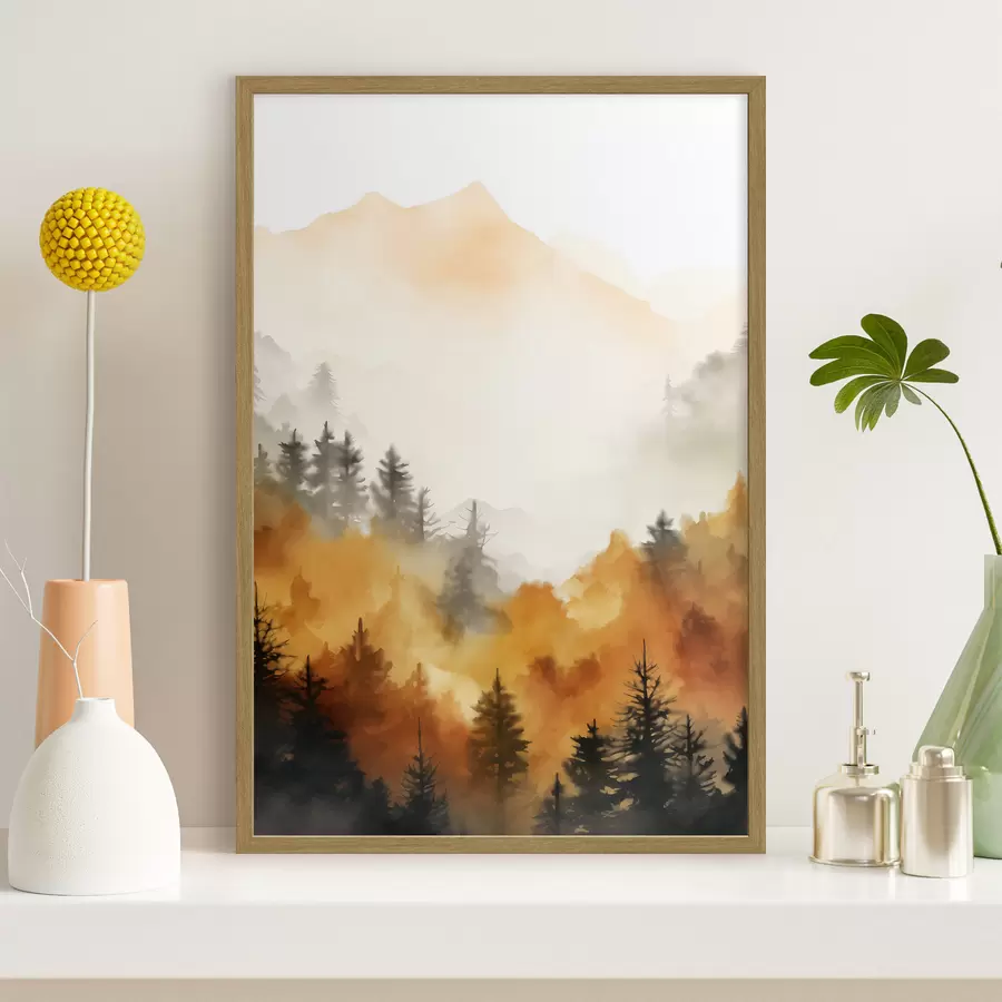 carta da parati Un paesaggio dipinto ad acquerello imitazione di una foresta con alti pini e montagne sullo sfondo nr. f45169