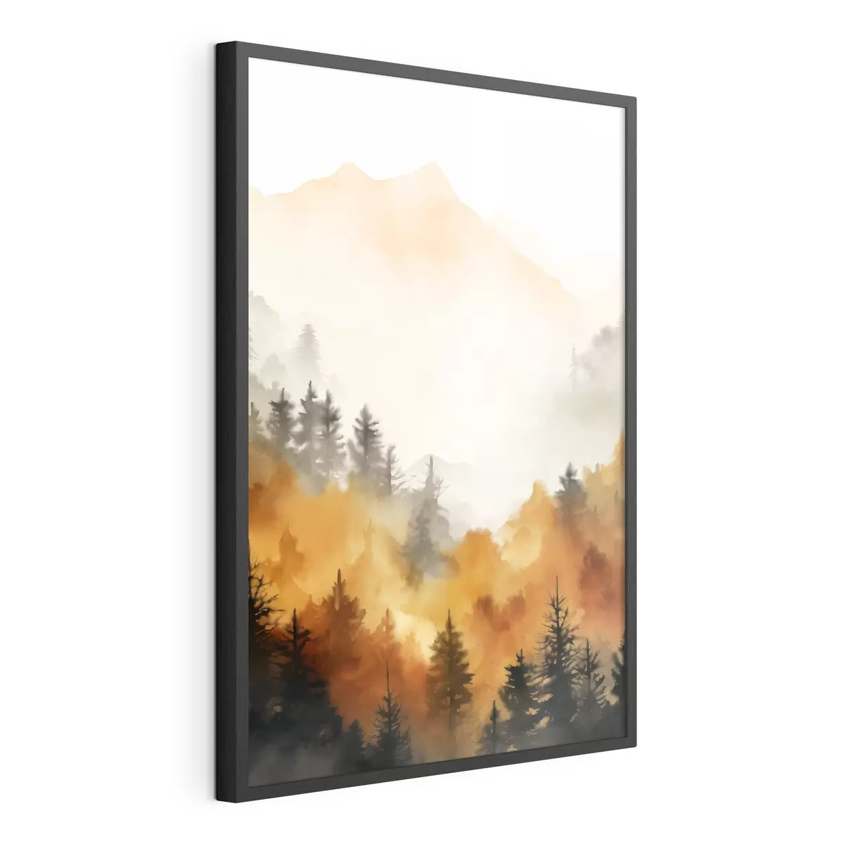 Poster Un paesaggio dipinto ad acquerello imitazione di una foresta con alti pini e montagne sullo sfondo f45169