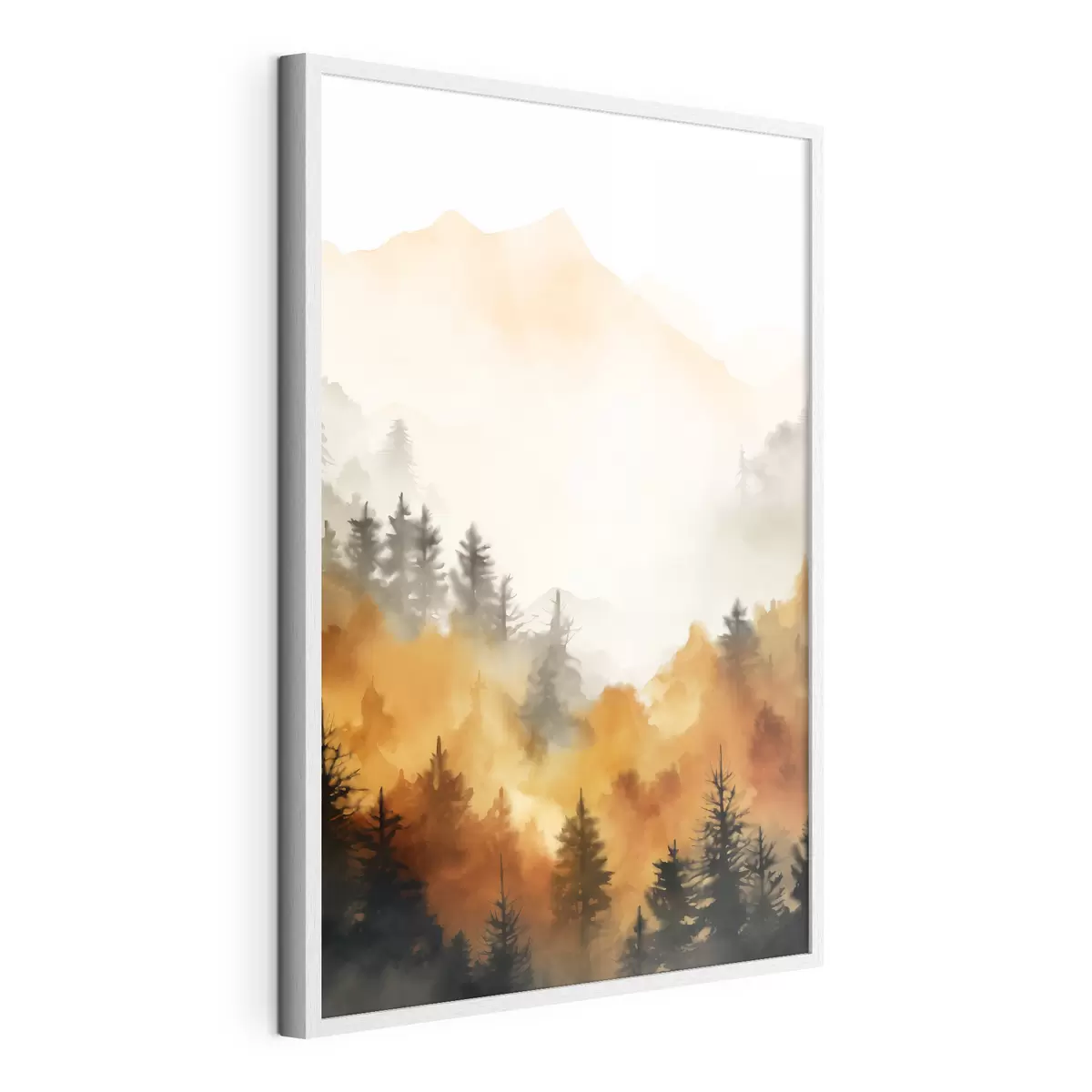 Poster Un paesaggio dipinto ad acquerello imitazione di una foresta con alti pini e montagne sullo sfondo f45169