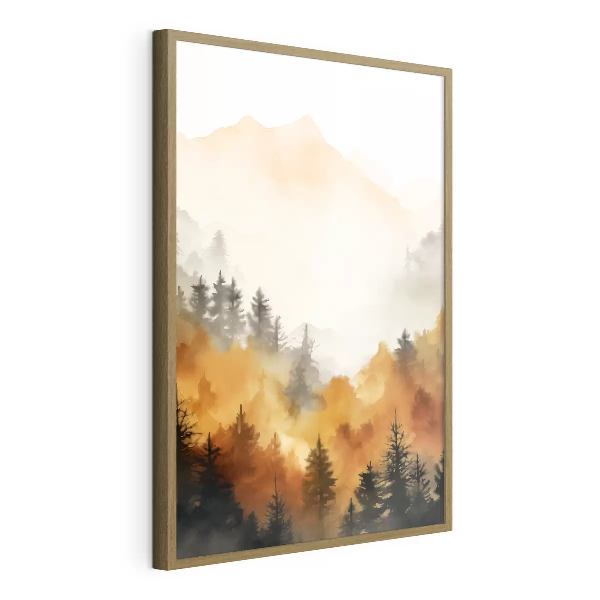 Poster Un paesaggio dipinto ad acquerello imitazione di una foresta con alti pini e montagne sullo sfondo f45169