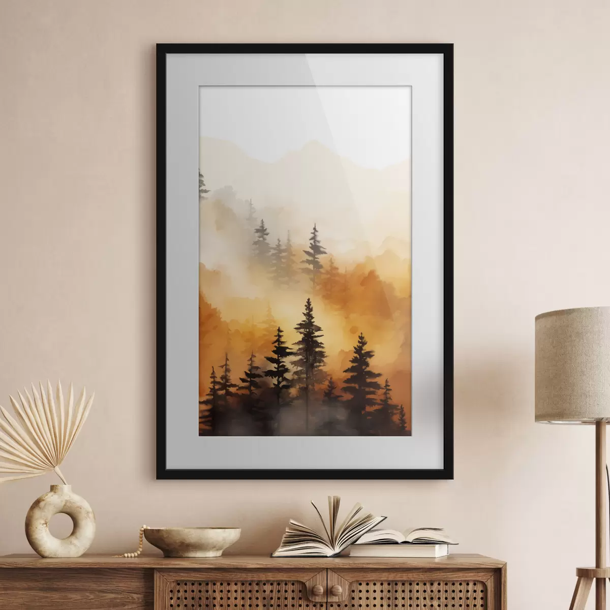 Poster Un paesaggio dipinto ad acquerello imitazione di una foresta con alti pini e montagne sullo sfondo f45170