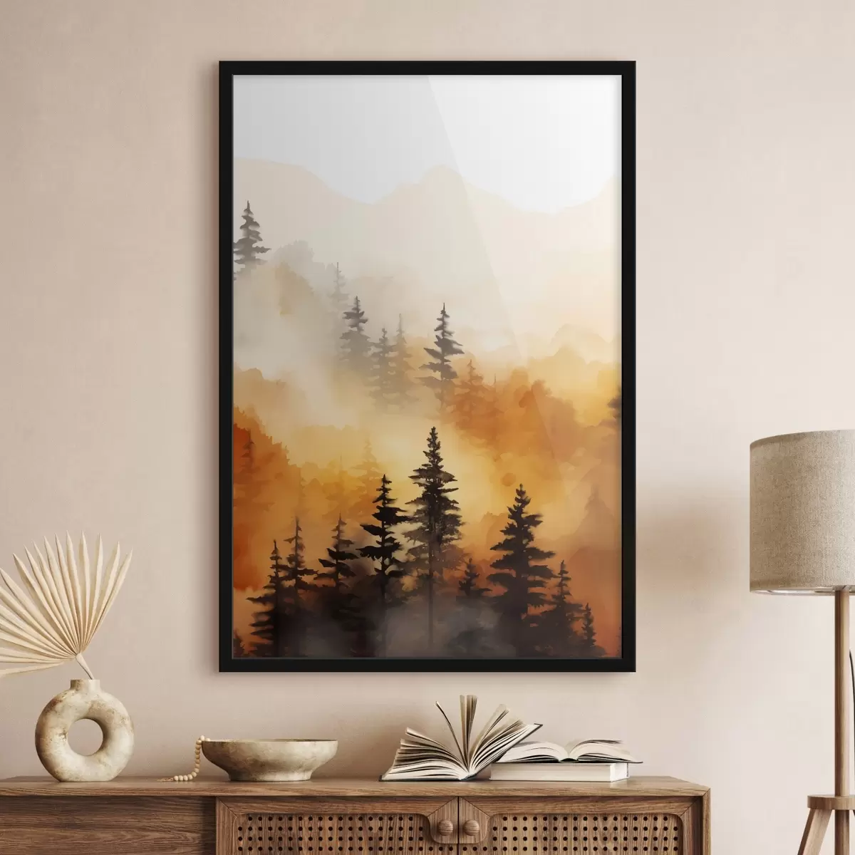 Poster Un paesaggio dipinto ad acquerello imitazione di una foresta con alti pini e montagne sullo sfondo f45170