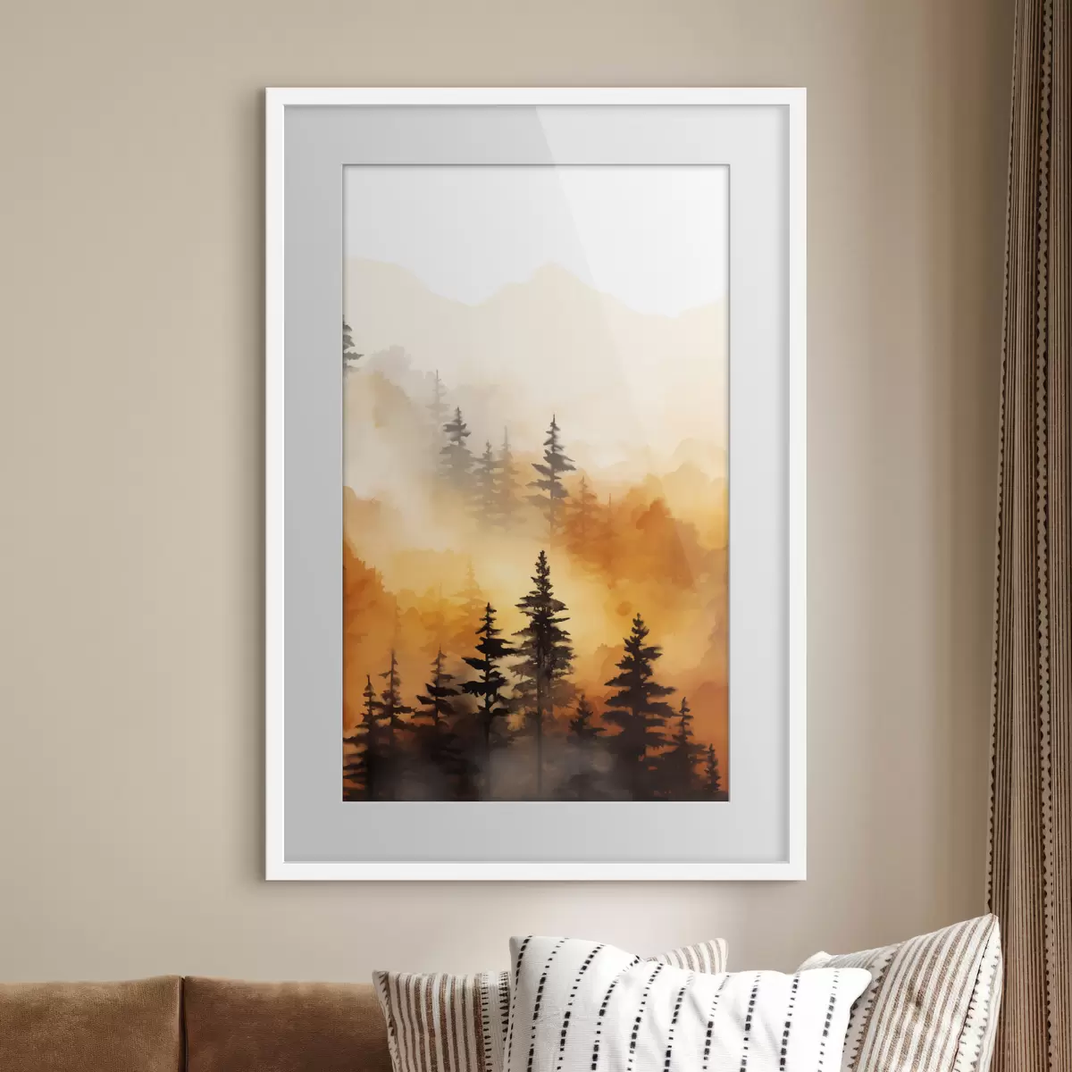 Poster Un paesaggio dipinto ad acquerello imitazione di una foresta con alti pini e montagne sullo sfondo f45170