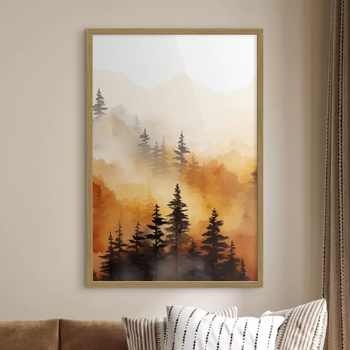 Poster Un paesaggio dipinto ad acquerello imitazione di una foresta con alti pini e montagne sullo sfondo f45170