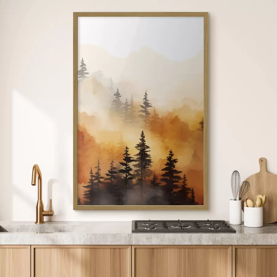 carta da parati Un paesaggio dipinto ad acquerello imitazione di una foresta con alti pini e montagne sullo sfondo nr. f45170