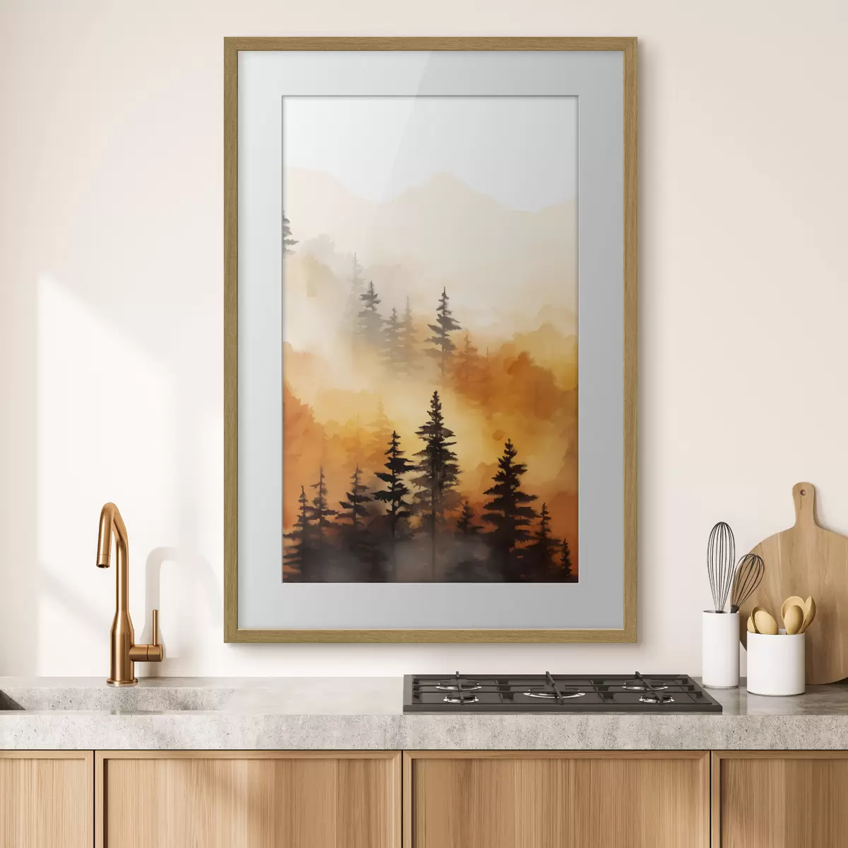 Poster Un paesaggio dipinto ad acquerello imitazione di una foresta con alti pini e montagne sullo sfondo f45170