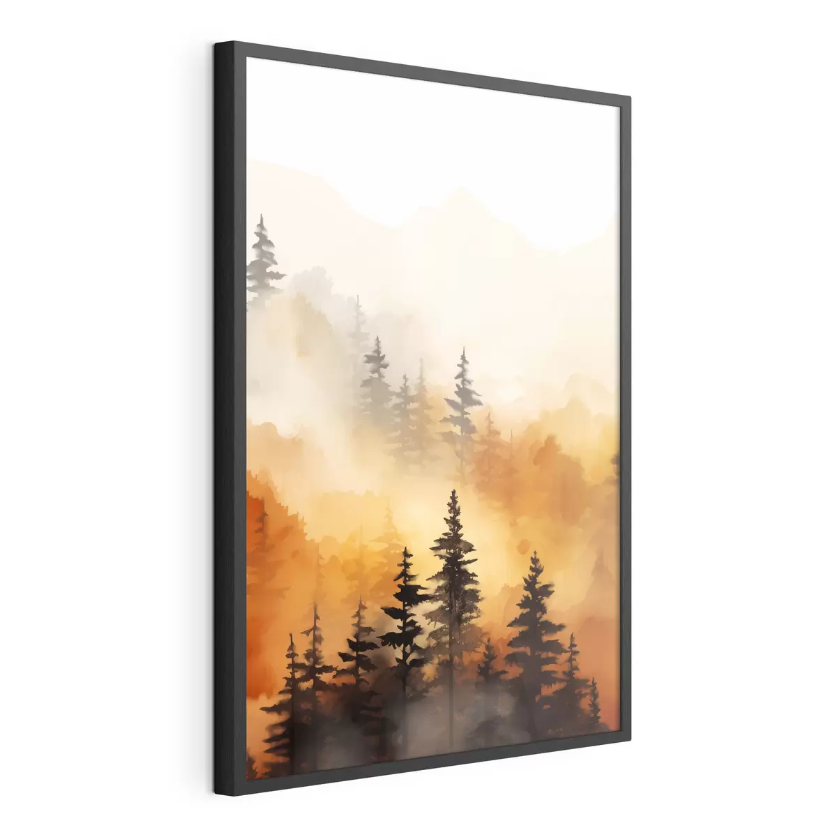 Poster Un paesaggio dipinto ad acquerello imitazione di una foresta con alti pini e montagne sullo sfondo f45170