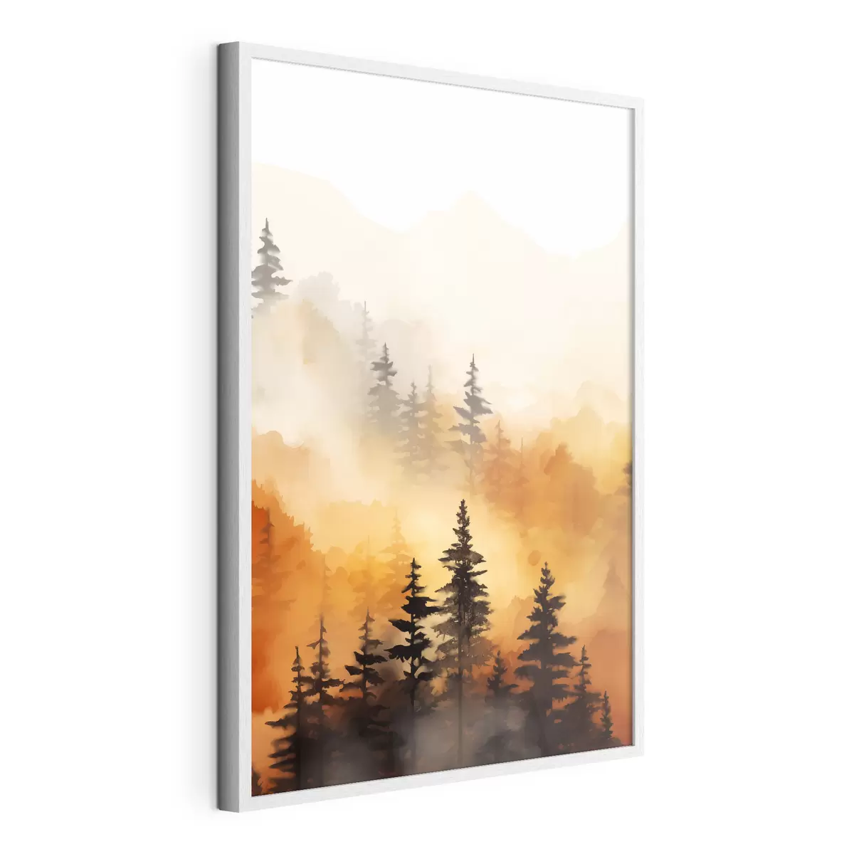 Poster Un paesaggio dipinto ad acquerello imitazione di una foresta con alti pini e montagne sullo sfondo f45170