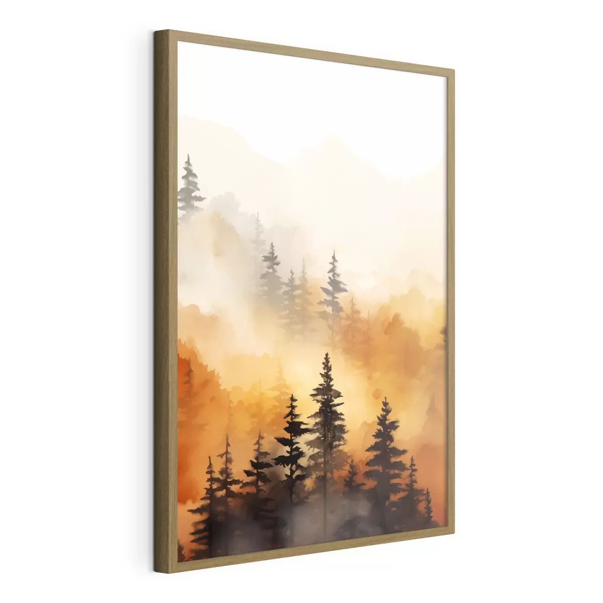 Poster Un paesaggio dipinto ad acquerello imitazione di una foresta con alti pini e montagne sullo sfondo f45170