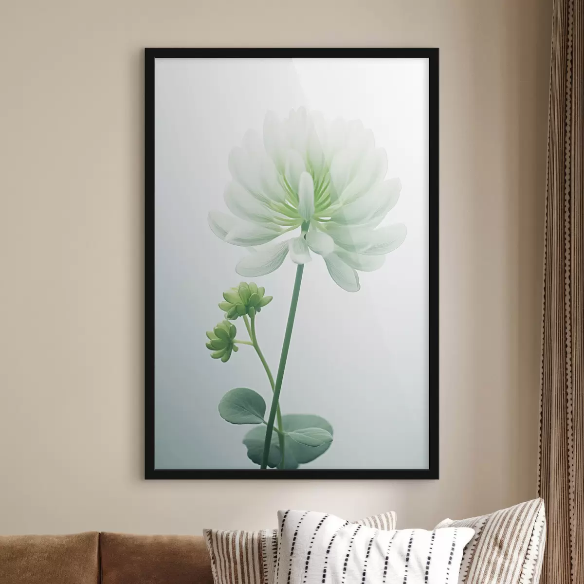 Poster Fiore di trifoglio bianco con stelo e foglie verdi, illuminazione soffusa, sfondo pulito, composizione minimalista, botanica f45171