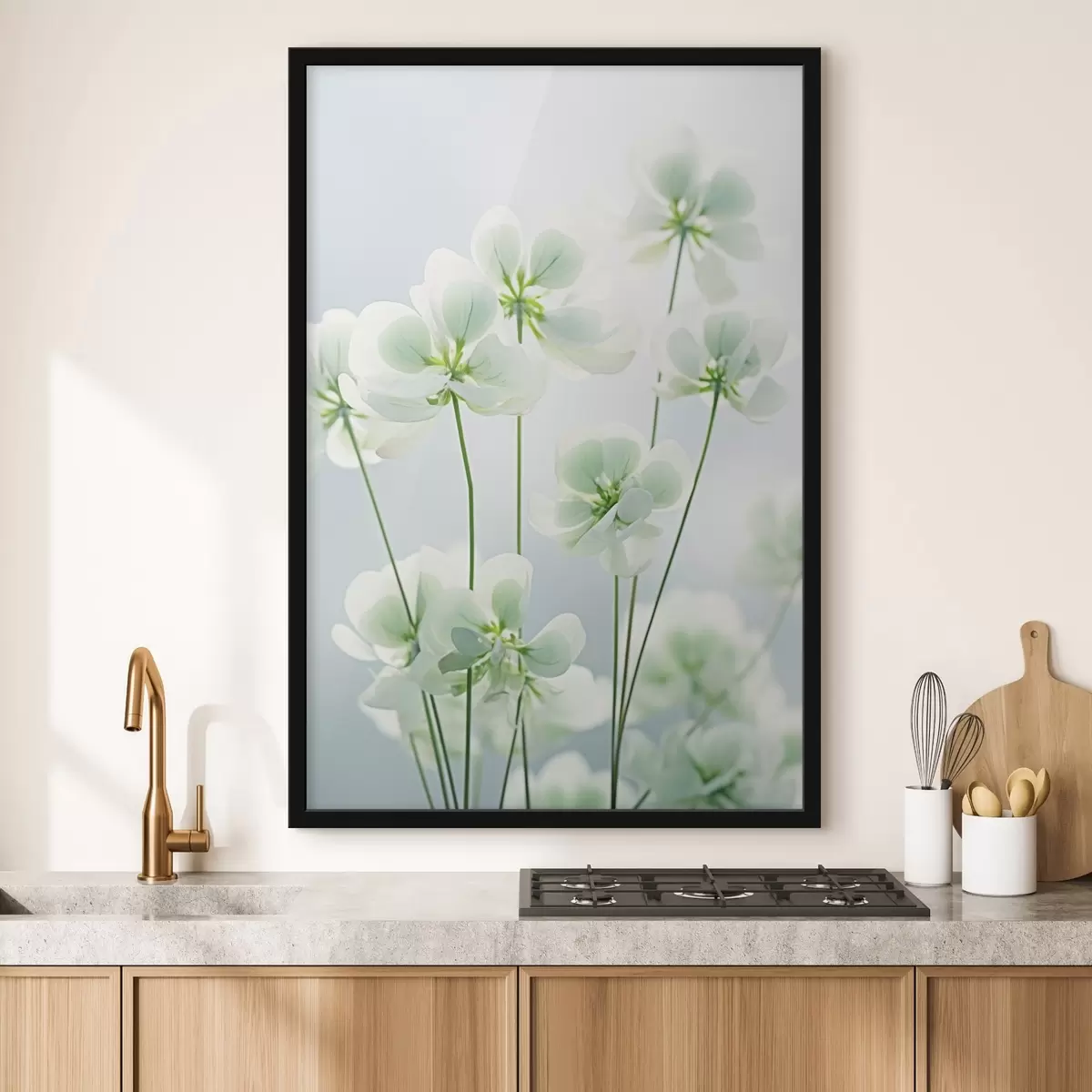 Poster Fiori di trifoglio bianco con stelo e foglie verdi, luce soffusa, sfondo pulito, composizione minimalista, botanica f45172