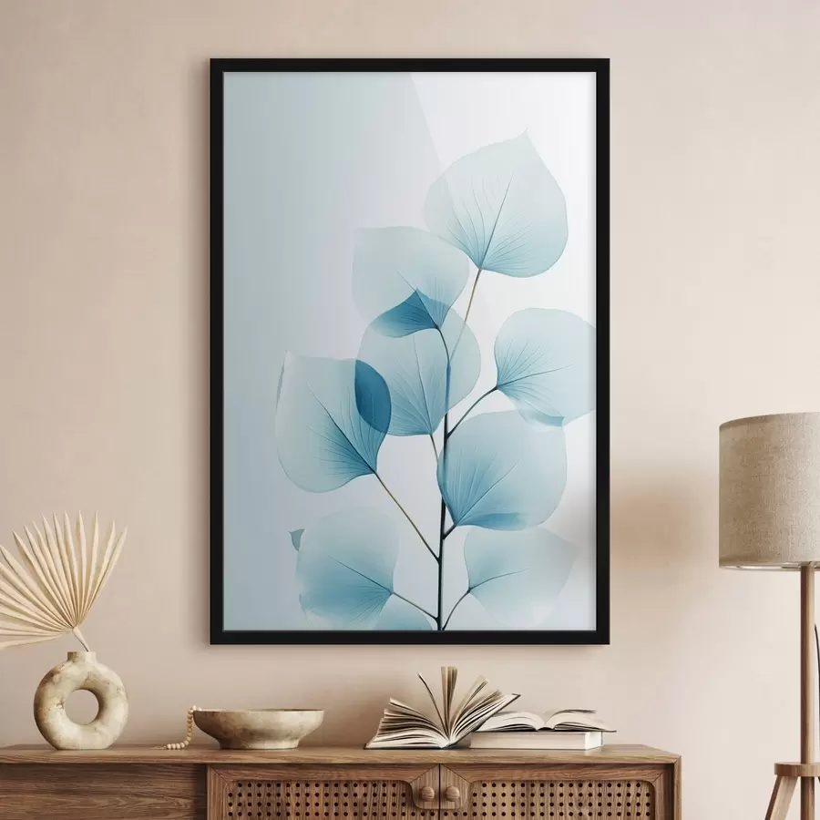 carta da parati Ramo con foglie blu traslucide, con delicate venature visibili, composizione leggera e tranquilla, estetica minimalista nr. f45175