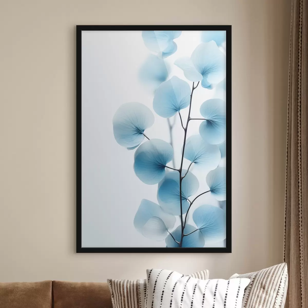 Poster Ramo con foglie blu traslucide, con delicate venature visibili, composizione leggera e tranquilla, estetica minimalista f45176