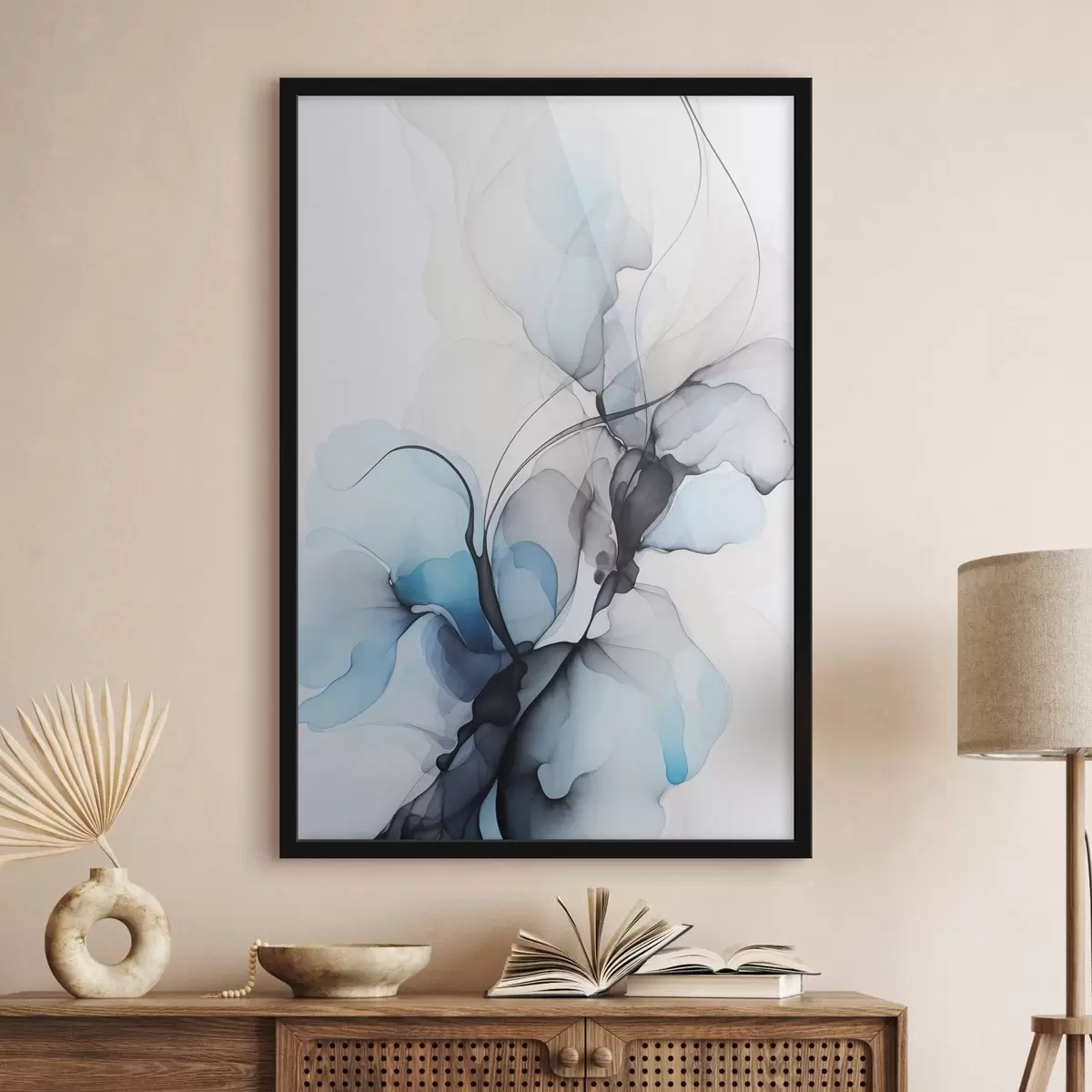 Poster Composizione astratta con linee fluide e petali traslucidi nei toni del blu, del bianco e del beige, imitazione di inchiostro ad alcool f45177