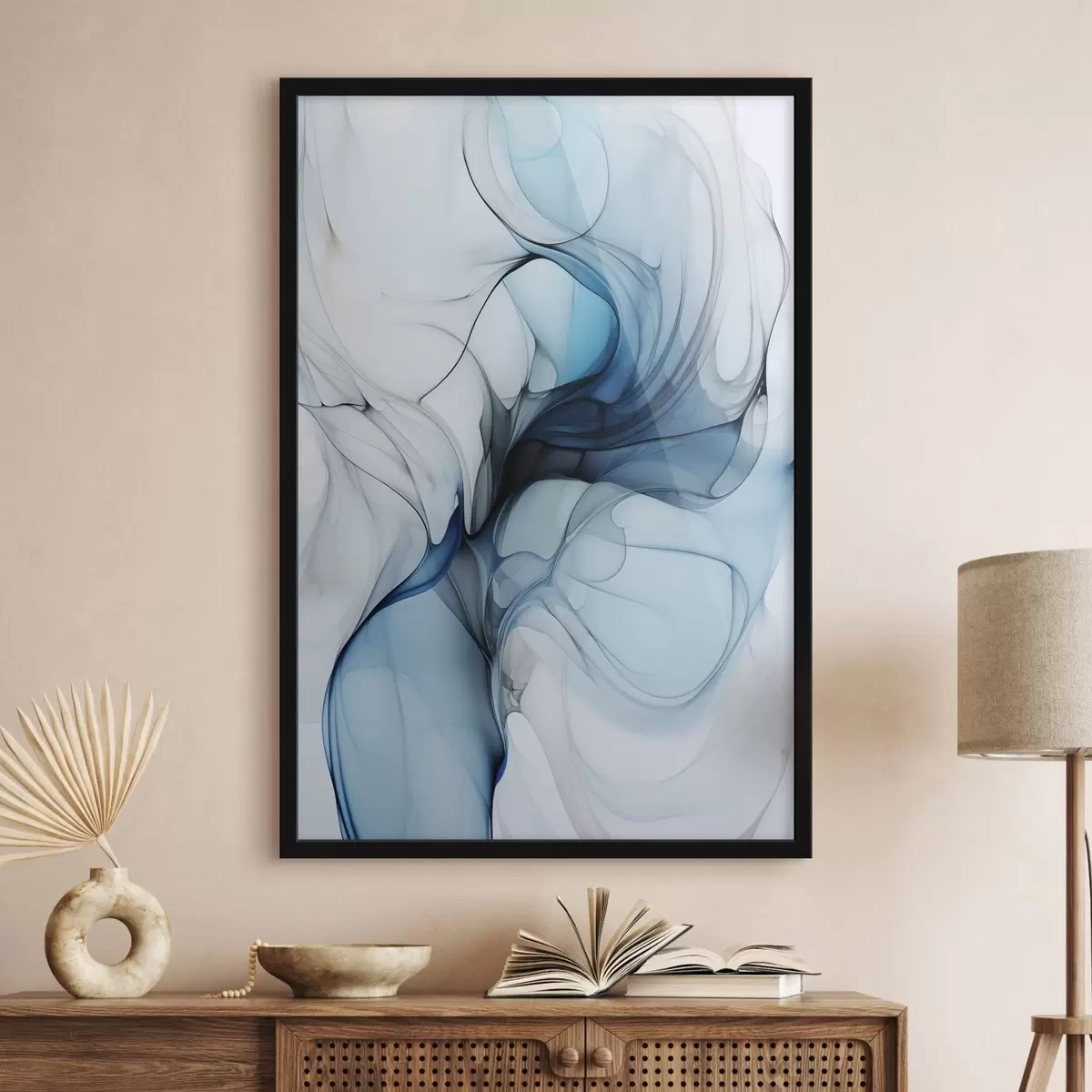 Poster Composizione astratta con linee fluide e petali traslucidi nei toni del blu, del bianco e del beige, imitazione di inchiostro ad alcool f45178
