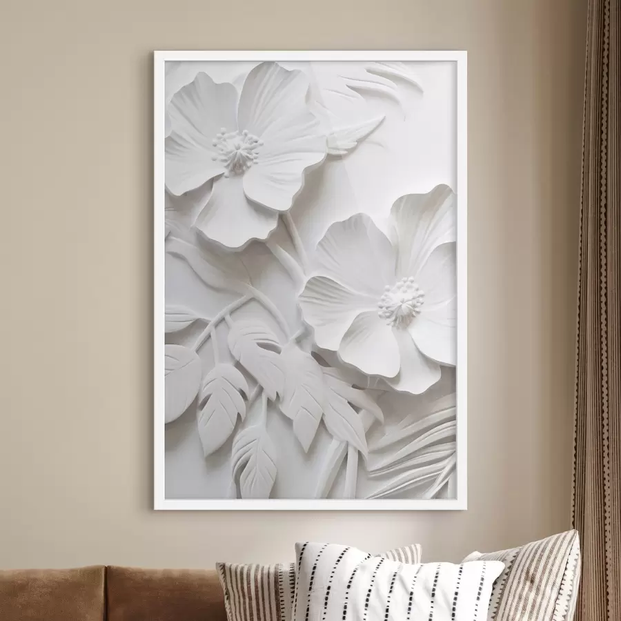 carta da parati Fiori bianchi minimalisti decorativi con foglie, imitazione in rilievo, sfondo bianco nr. f45179