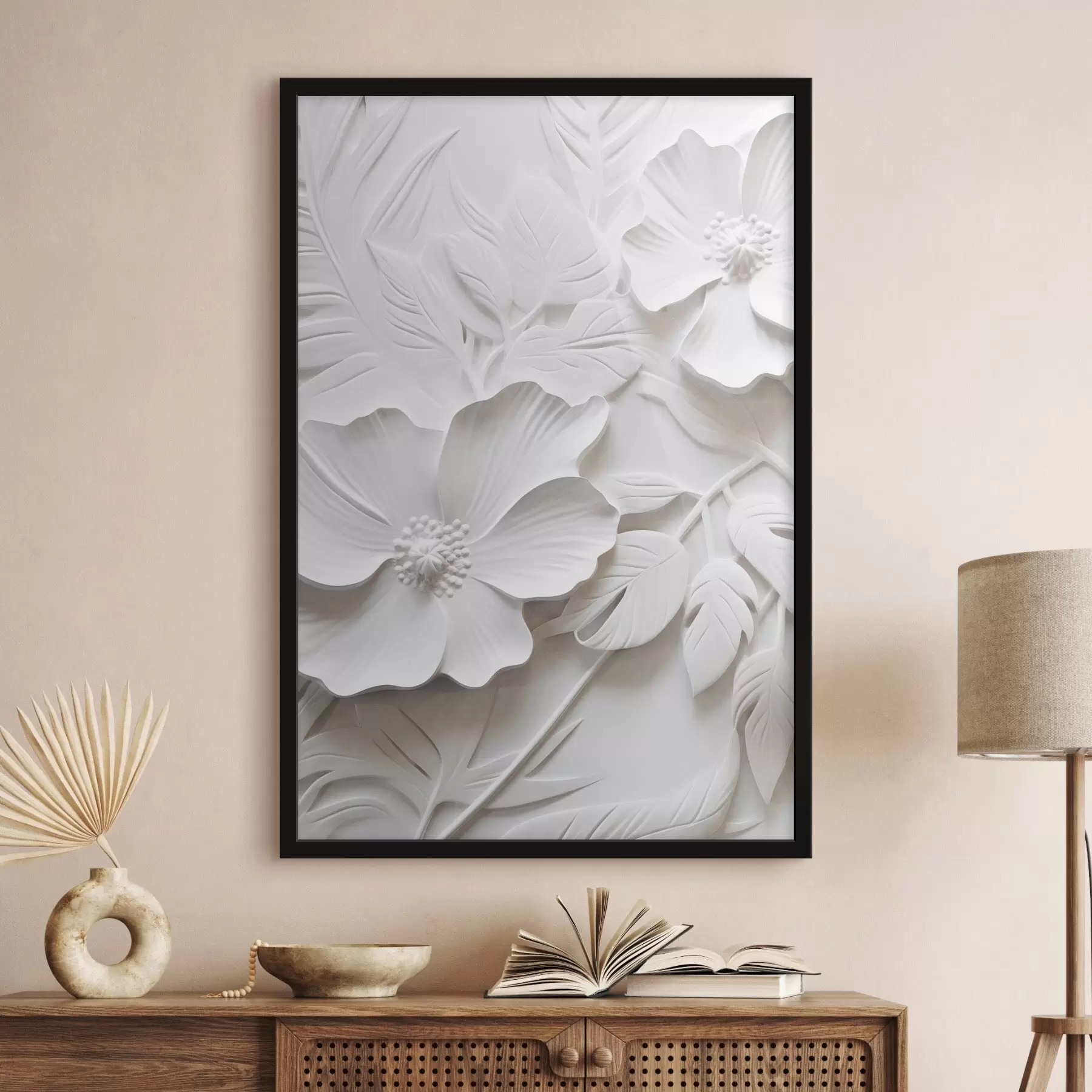 carta da parati Fiori bianchi minimalisti decorativi con foglie, imitazione in rilievo, sfondo bianco nr. f45180