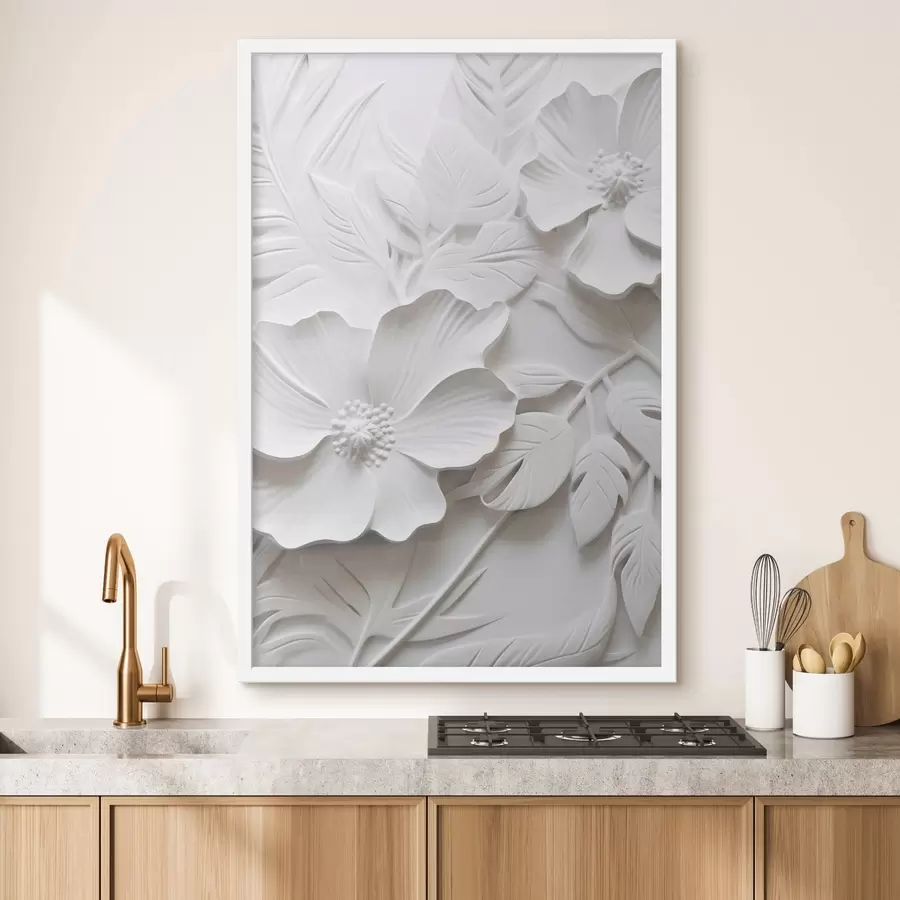 carta da parati Fiori bianchi minimalisti decorativi con foglie, imitazione in rilievo, sfondo bianco nr. f45180