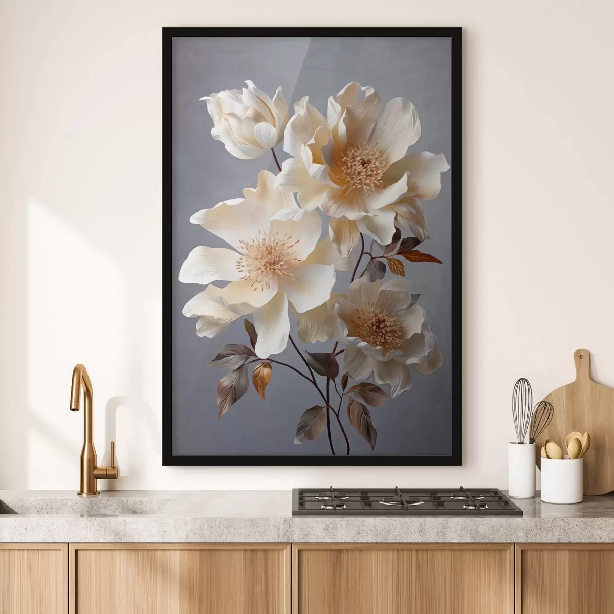 Poster Fiori strutturati con pistilli arancioni e foglie arancioni su sfondo grigio, luce morbida, elegante, dettagliato, realistico f45181