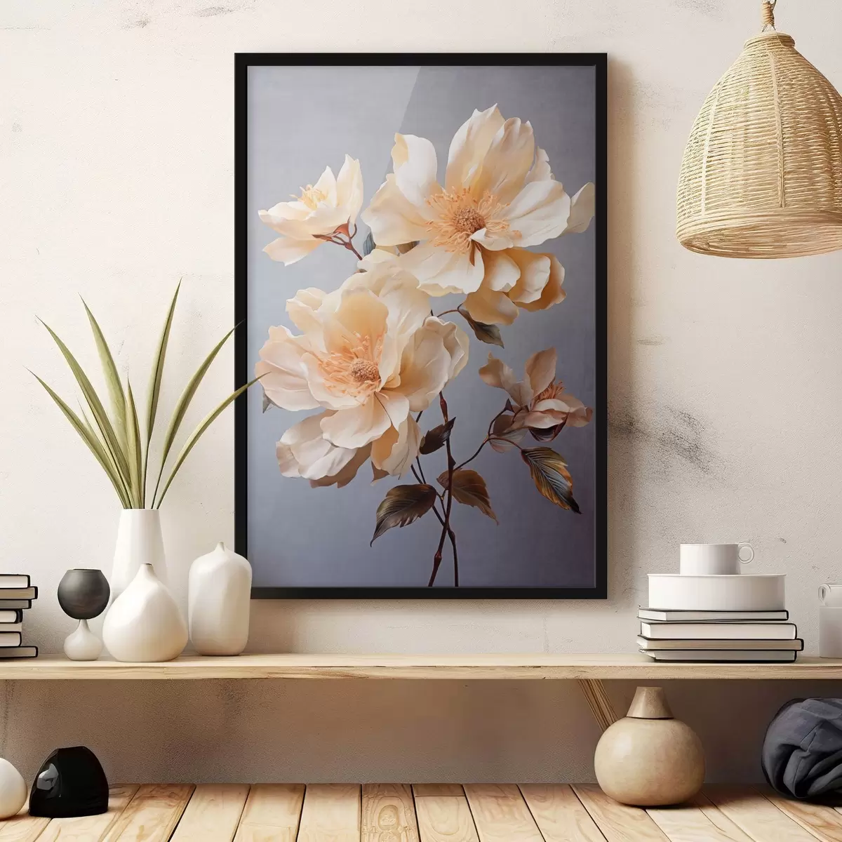 Poster Fiori strutturati con pistilli arancioni e foglie arancioni su sfondo grigio, luce morbida, elegante, dettagliato, realistico f45182