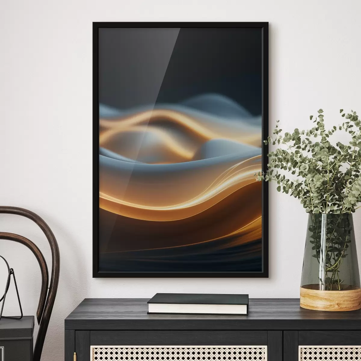 Poster Forme astratte e fluide con linee arancioni, curve e linee morbide, composizione dinamica, sfondo scuro f45184