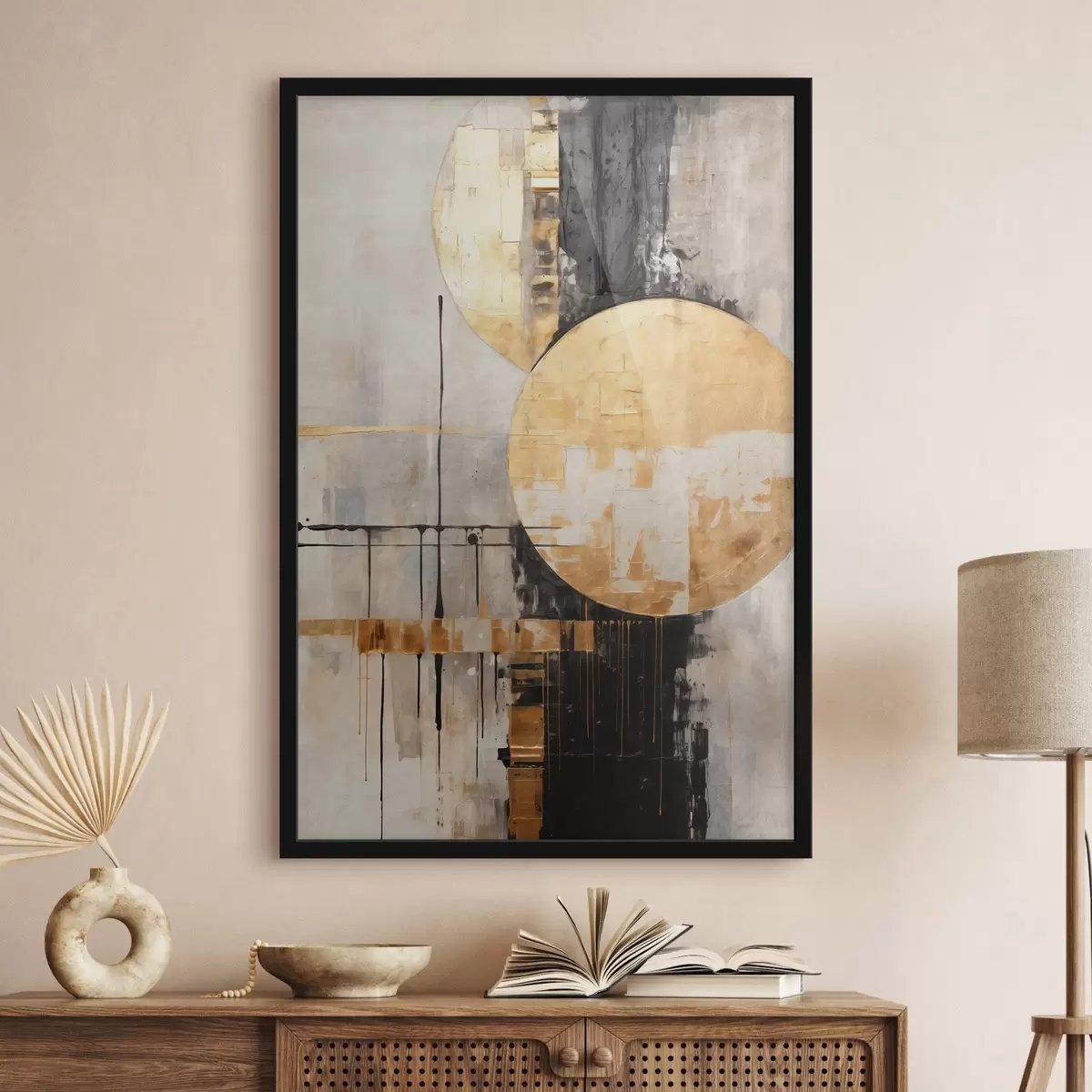 Poster Quadro astratto con cerchi, linee nere e gialle e uno sfondo con toni grigi e bianchi f45185