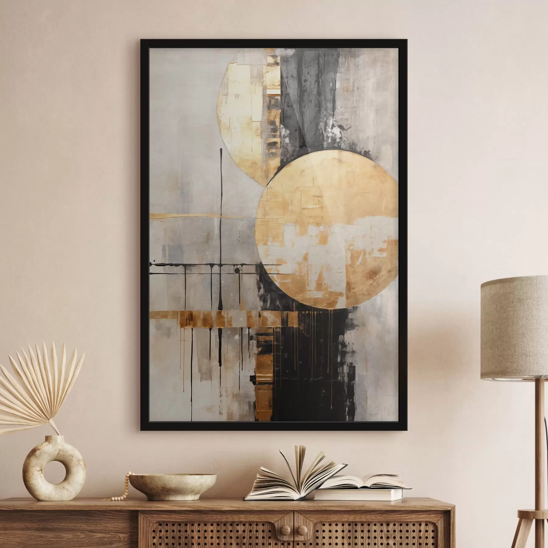 carta da parati Quadro astratto con cerchi, linee nere e gialle e uno sfondo con toni grigi e bianchi nr. f45185