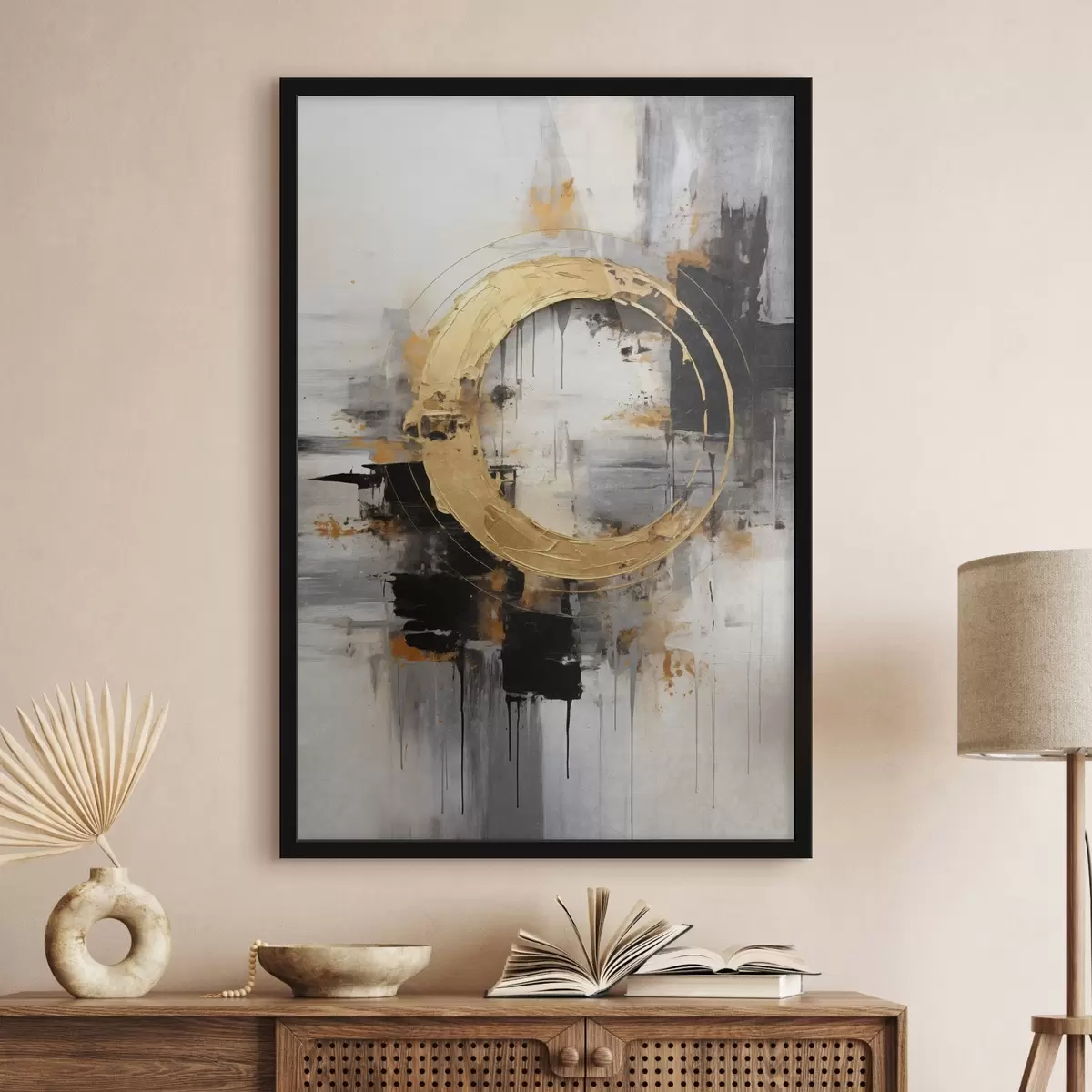 Poster Quadro astratto con cerchi, linee nere e gialle e uno sfondo con toni grigi e bianchi f45186