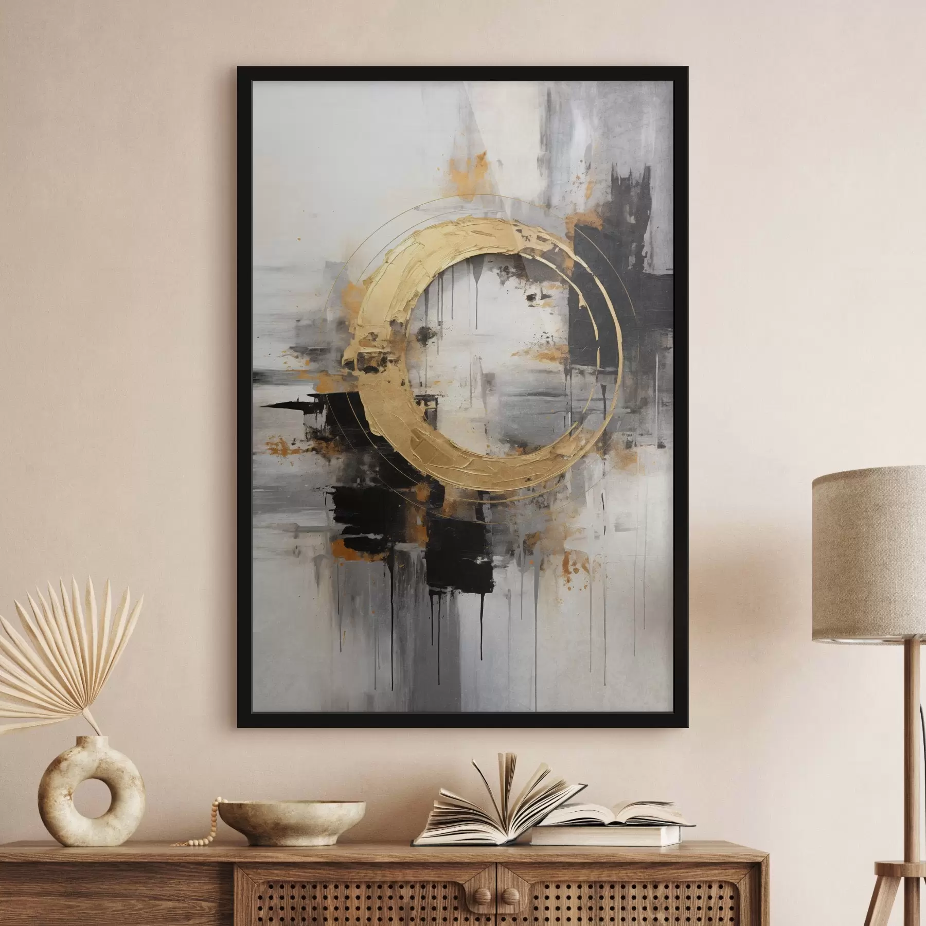 carta da parati Quadro astratto con cerchi, linee nere e gialle e uno sfondo con toni grigi e bianchi nr. f45186