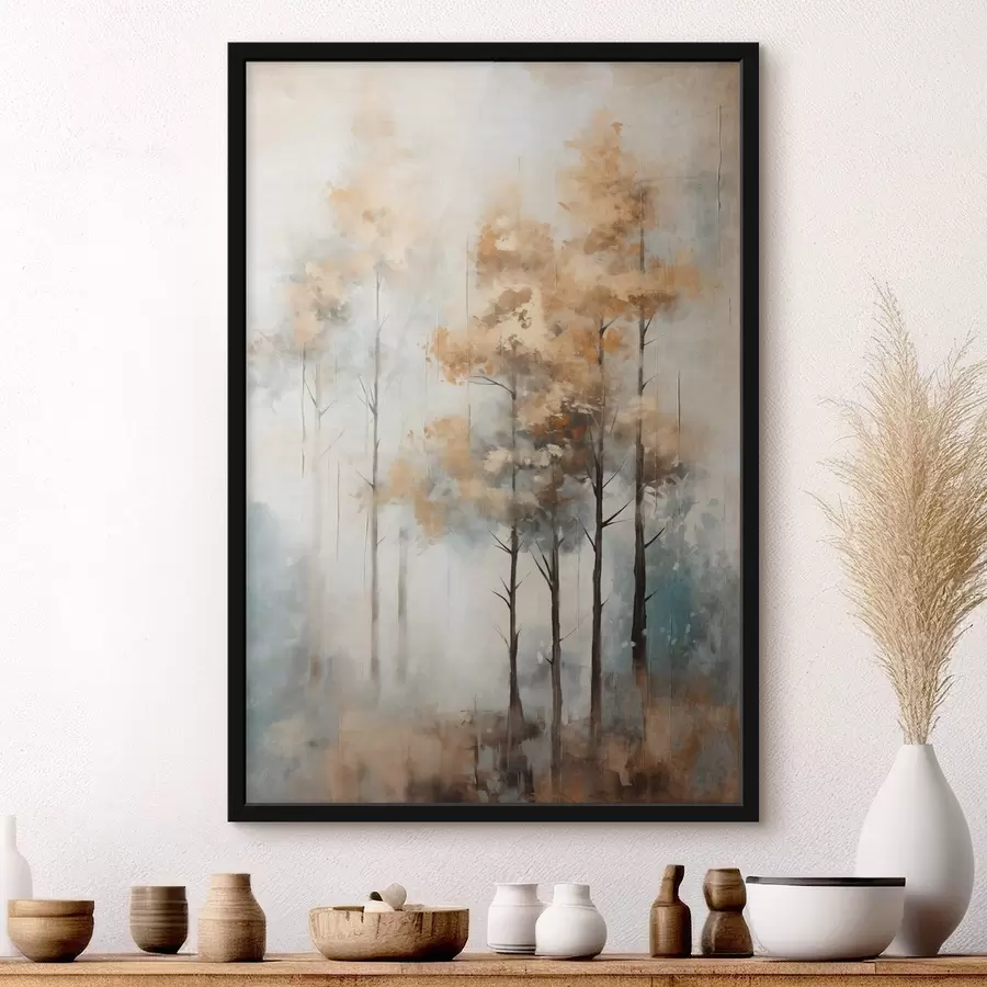 carta da parati Alberi alti e strutturati con foglie gialle in una foresta, lo sfondo è un mix di toni morbidi blu e marroni nr. f45187