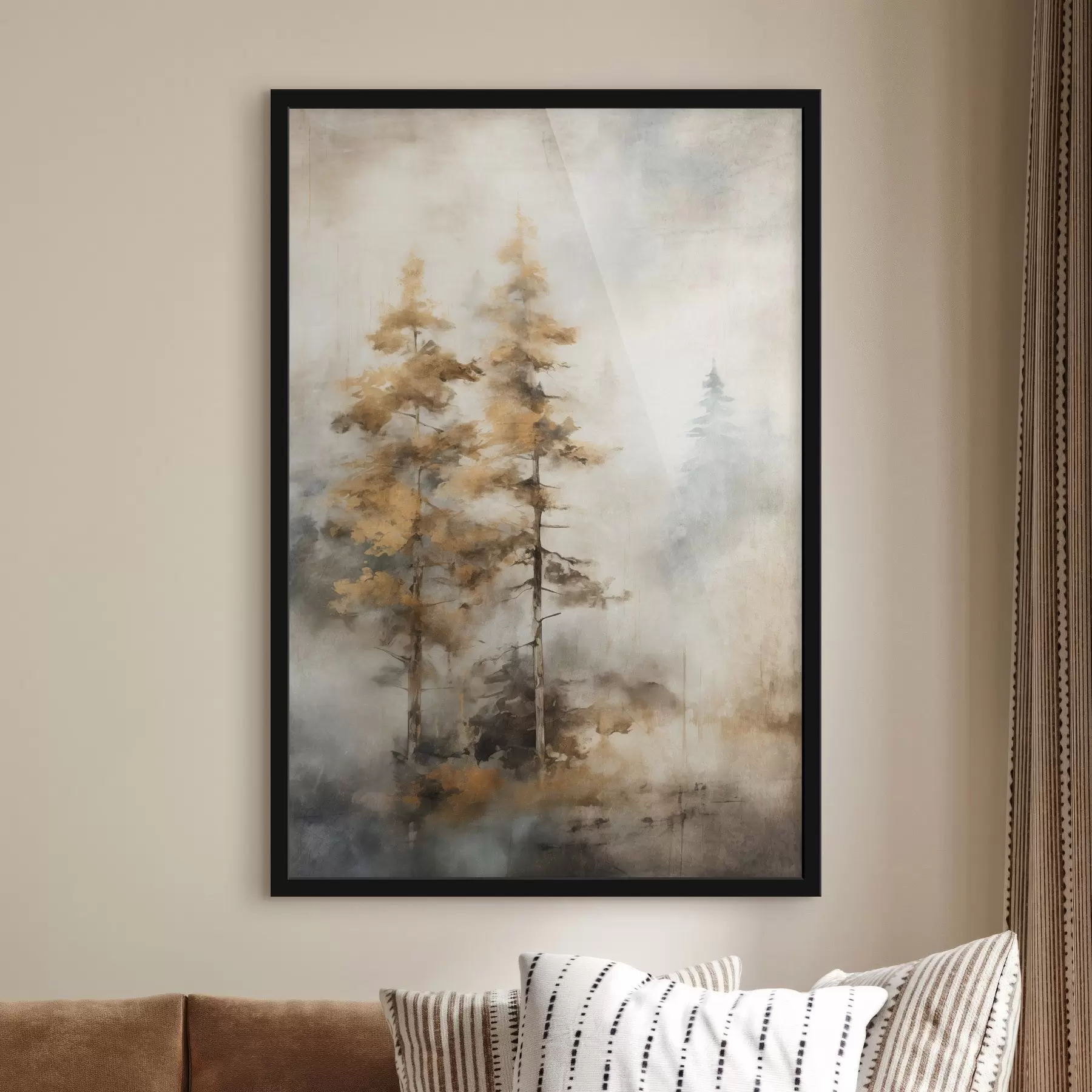 carta da parati Alberi alti e strutturati con foglie gialle in una foresta, lo sfondo è un mix di toni morbidi blu e marroni nr. f45188