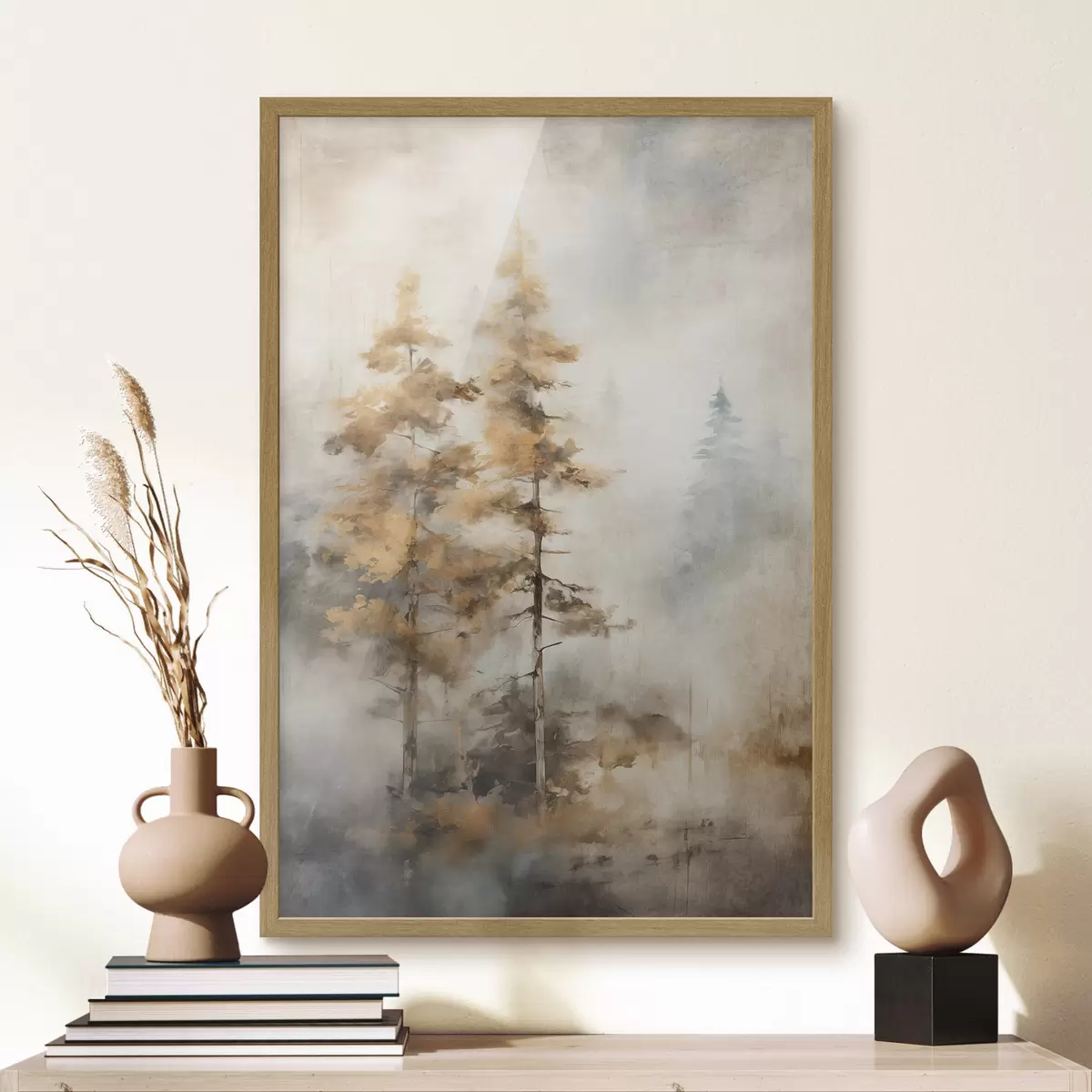 Poster Alberi alti e strutturati con foglie gialle in una foresta, lo sfondo è un mix di toni morbidi blu e marroni f45188