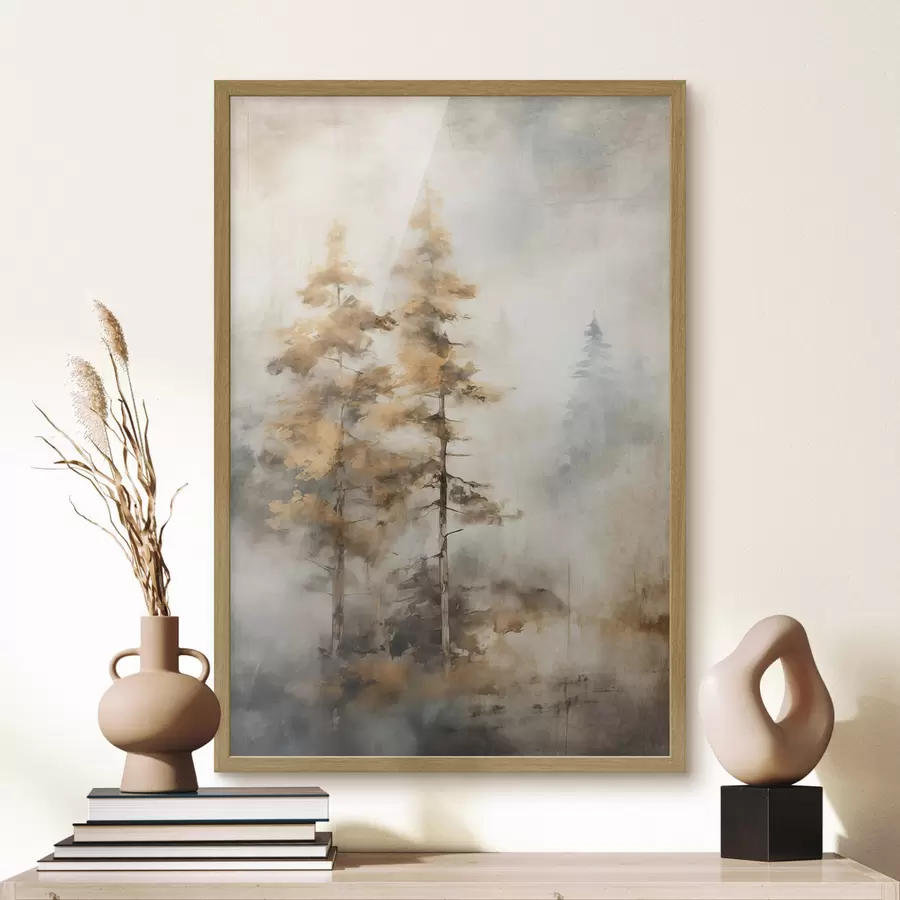 carta da parati Alberi alti e strutturati con foglie gialle in una foresta, lo sfondo è un mix di toni morbidi blu e marroni nr. f45188