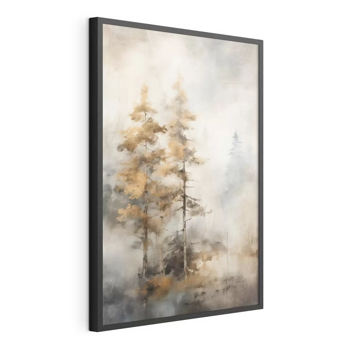 Poster Alberi alti e strutturati con foglie gialle in una foresta, lo sfondo è un mix di toni morbidi blu e marroni f45188