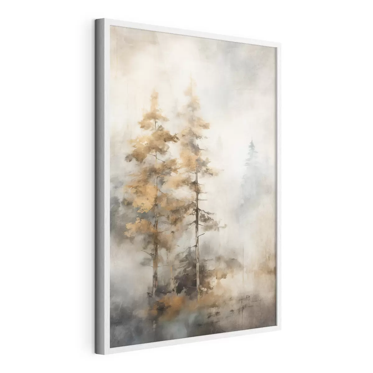 Poster Alberi alti e strutturati con foglie gialle in una foresta, lo sfondo è un mix di toni morbidi blu e marroni f45188