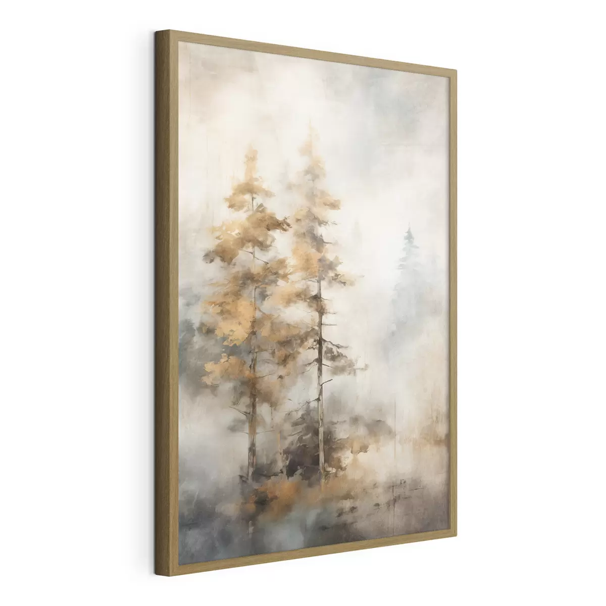 Poster Alberi alti e strutturati con foglie gialle in una foresta, lo sfondo è un mix di toni morbidi blu e marroni f45188