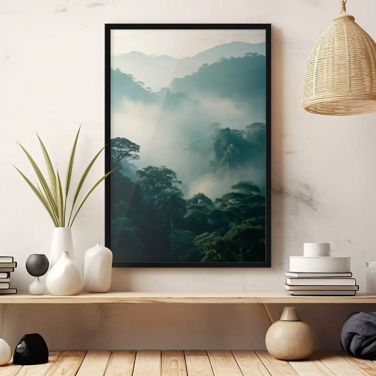 Poster Foresta pluviale tropicale con alberi verdi e uno spesso strato di nebbia che crea un ambiente suggestivo f45189