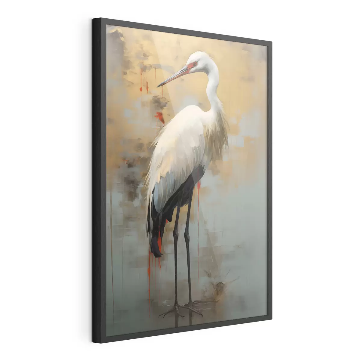 Poster Airone bianco su uno sfondo di sfumature gialle, marroni e blu che suggeriscono un paesaggio nebbioso e astratto f45191