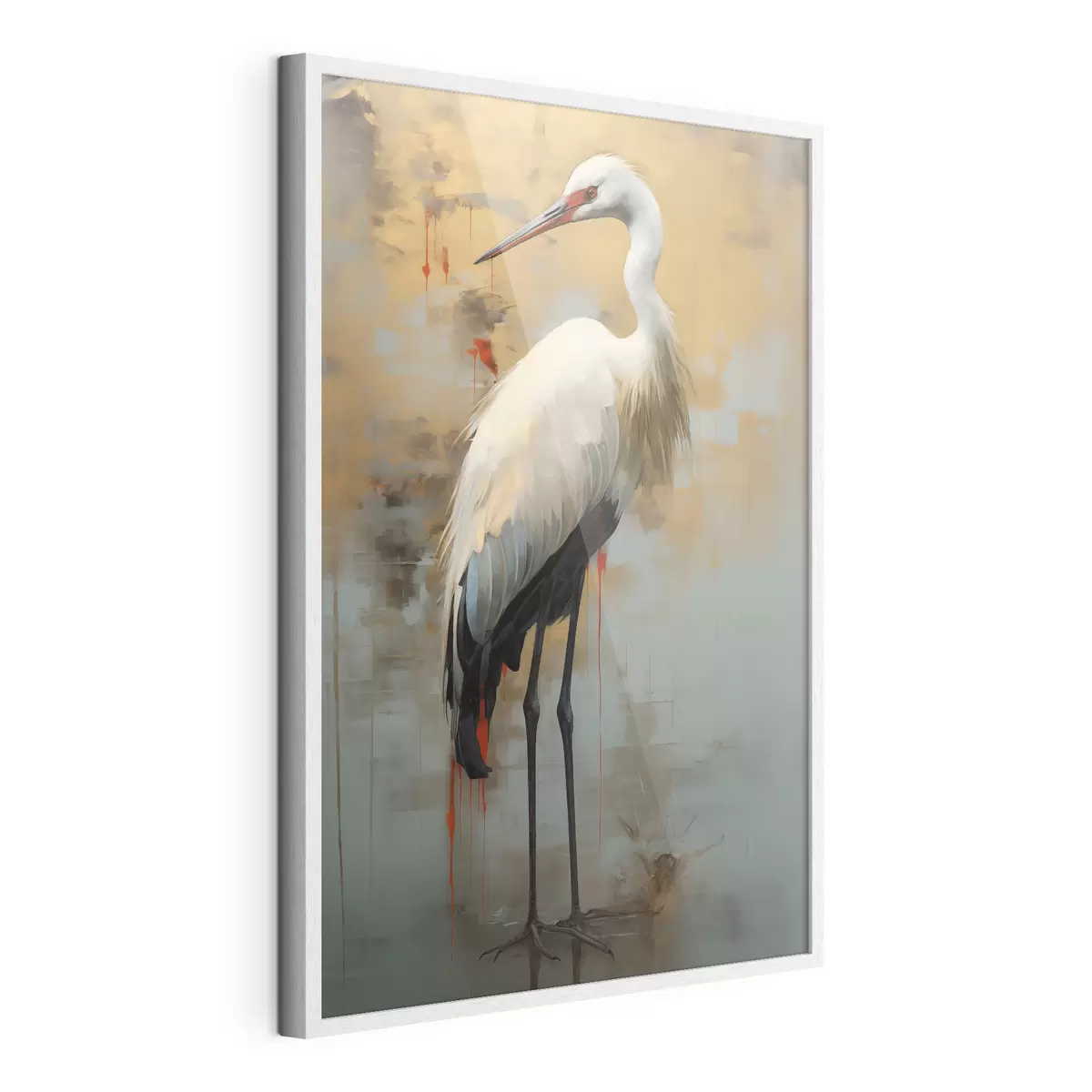 Poster Airone bianco su uno sfondo di sfumature gialle, marroni e blu che suggeriscono un paesaggio nebbioso e astratto f45191