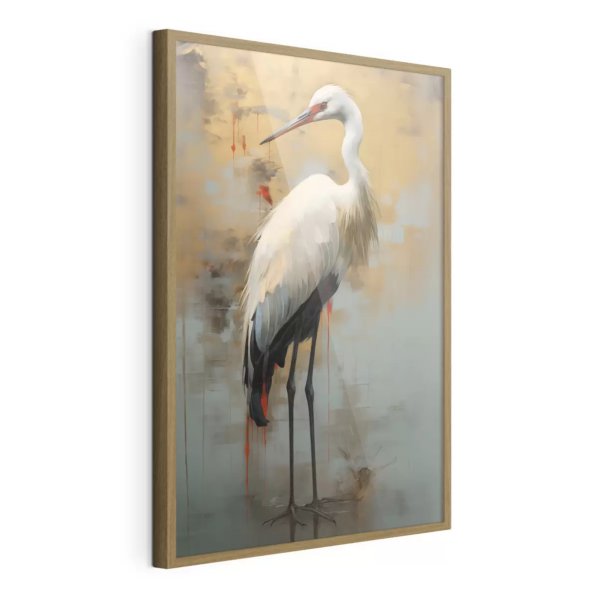 Poster Airone bianco su uno sfondo di sfumature gialle, marroni e blu che suggeriscono un paesaggio nebbioso e astratto f45191
