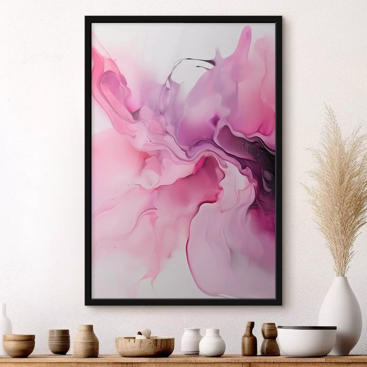 Poster Vortici astratti di rosa, viola e nero si fondono in una composizione fluida e organica, creando un senso di movimento f45195