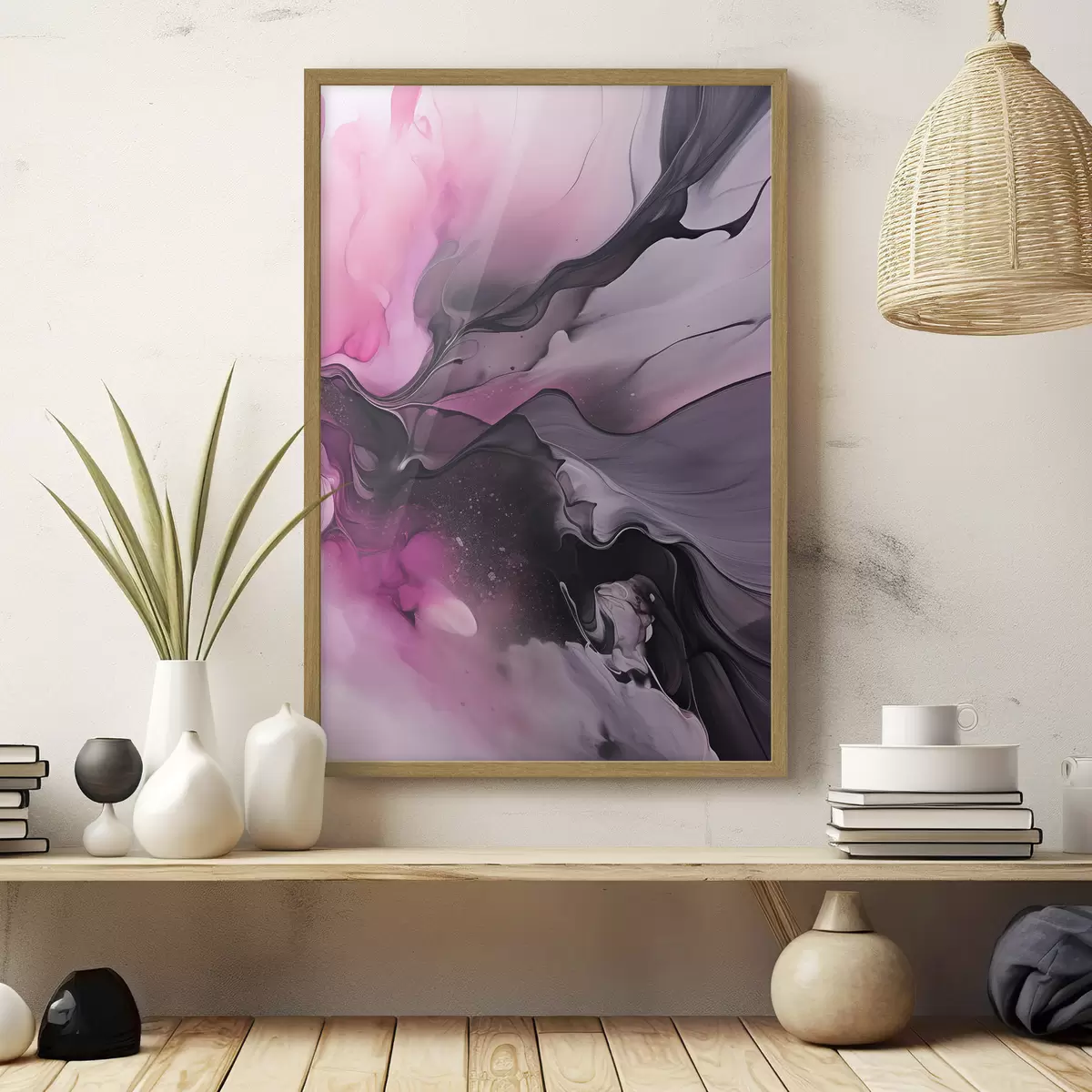 Poster Vortici astratti di rosa, viola e nero si fondono in una composizione fluida e organica, creando un senso di movimento f45196