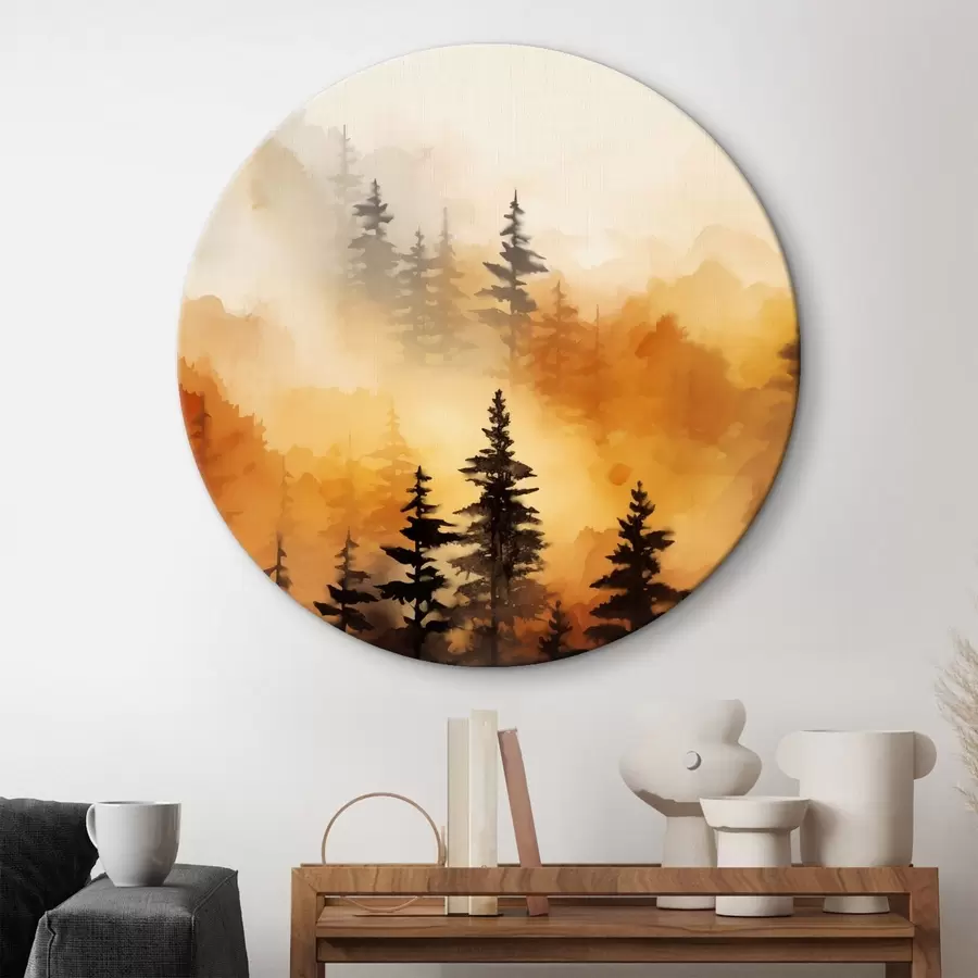 carta da parati Un paesaggio dipinto ad acquerello imitazione di una foresta con alti pini e montagne sullo sfondo nr. r45170