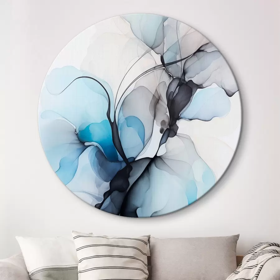 carta da parati Composizione astratta con linee fluide e petali traslucidi nei toni del blu, del bianco e del beige, imitazione di inchiostro ad alcool nr. r45177