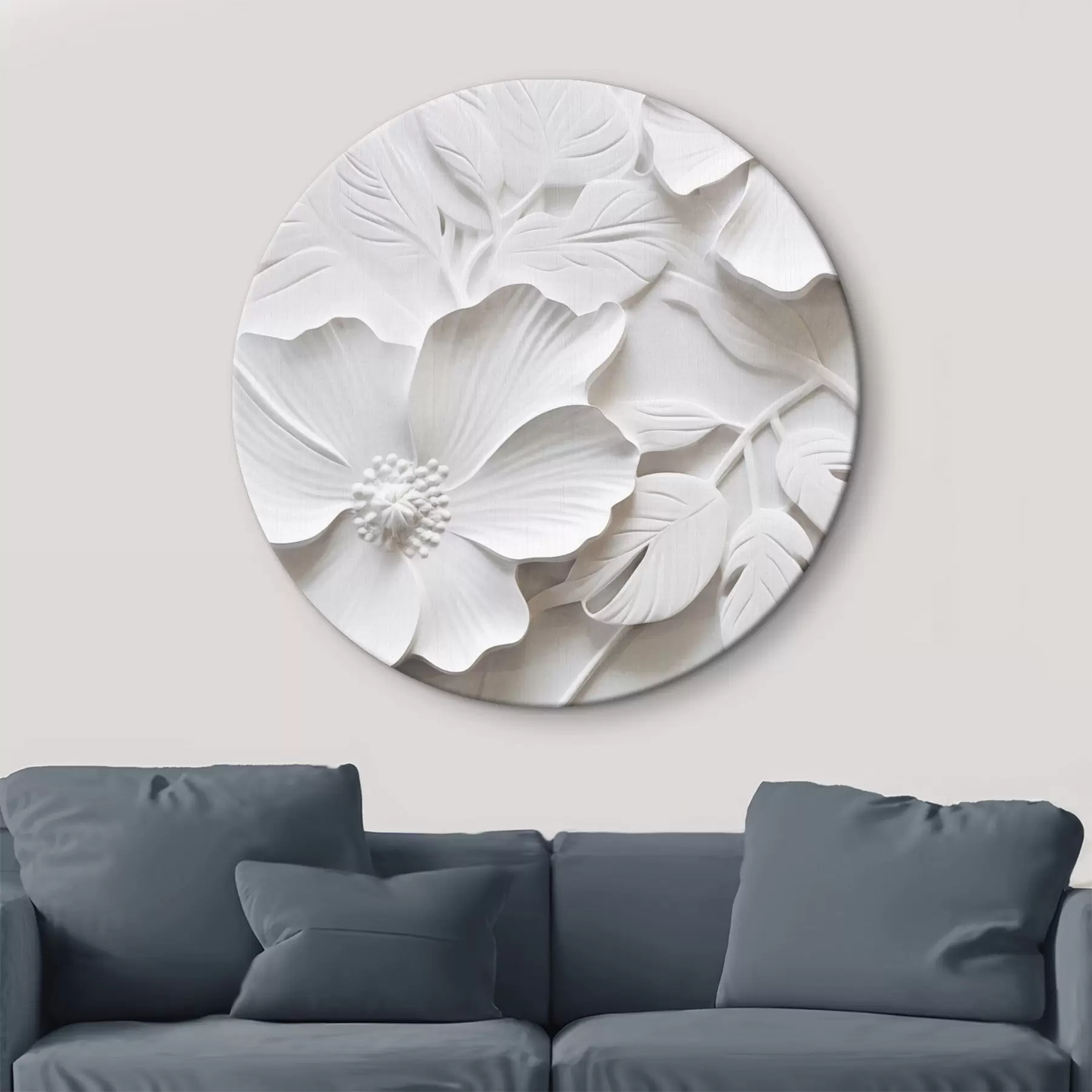 carta da parati Fiori bianchi minimalisti decorativi con foglie, imitazione in rilievo, sfondo bianco nr. r45180