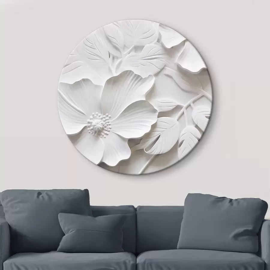carta da parati Fiori bianchi minimalisti decorativi con foglie, imitazione in rilievo, sfondo bianco nr. r45180