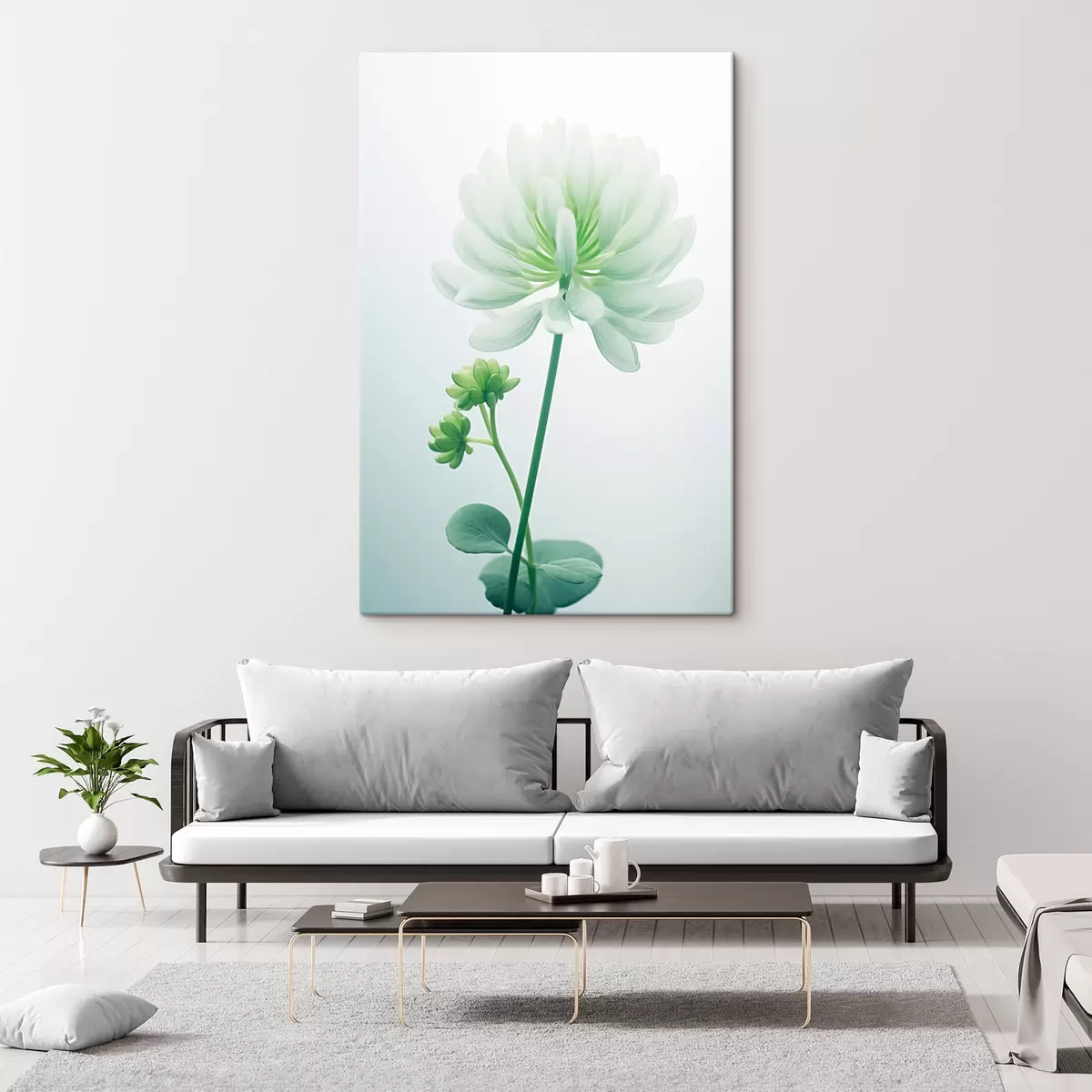 carta da parati Fiore di trifoglio bianco con stelo e foglie verdi, illuminazione soffusa, sfondo pulito, composizione minimalista, botanica nr. s45171