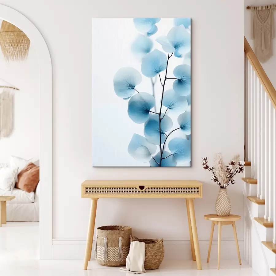 carta da parati Ramo con foglie blu traslucide, con delicate venature visibili, composizione leggera e tranquilla, estetica minimalista nr. s45176