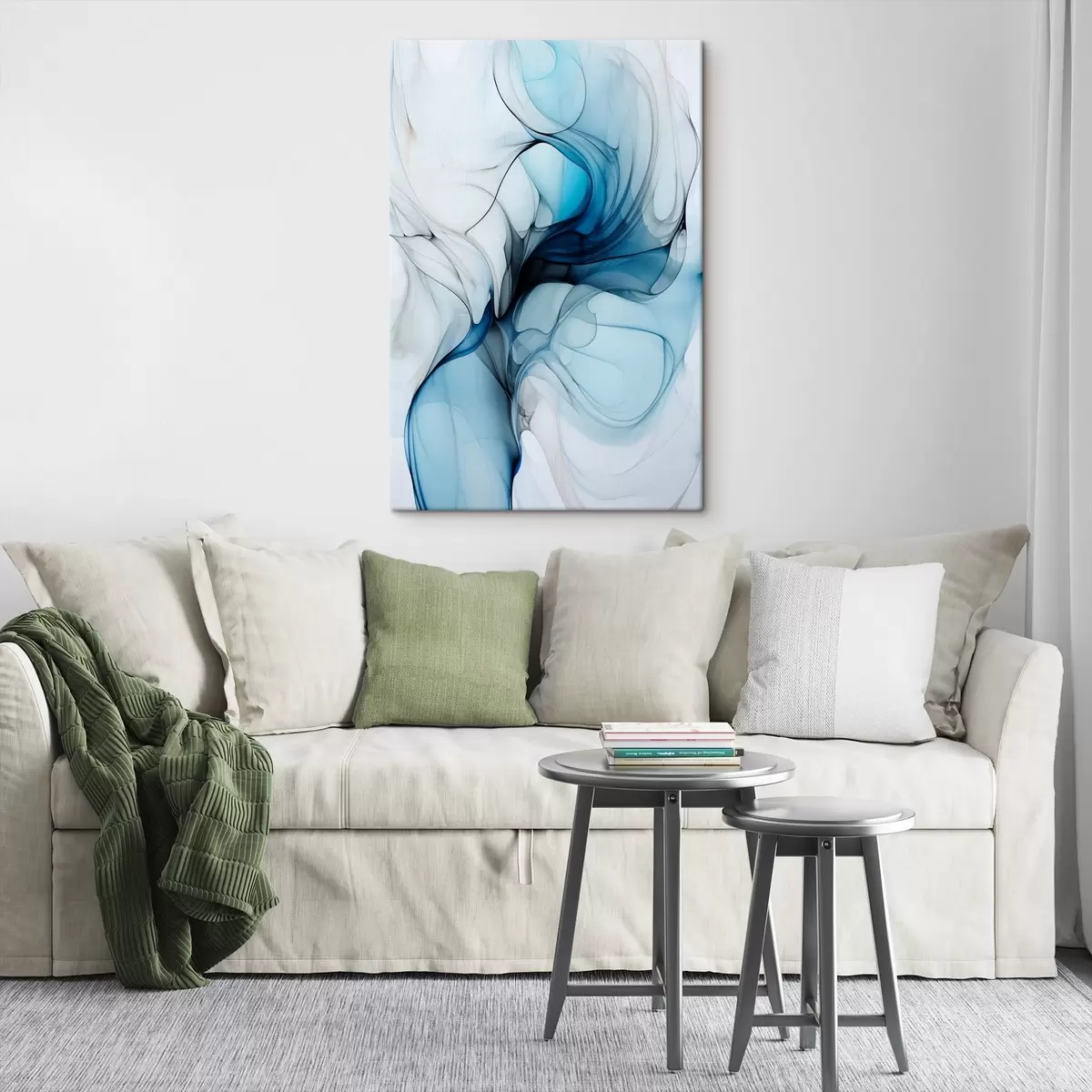 carta da parati Composizione astratta con linee fluide e petali traslucidi nei toni del blu, del bianco e del beige, imitazione di inchiostro ad alcool nr. s45178