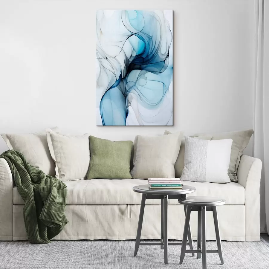 carta da parati Composizione astratta con linee fluide e petali traslucidi nei toni del blu, del bianco e del beige, imitazione di inchiostro ad alcool nr. s45178